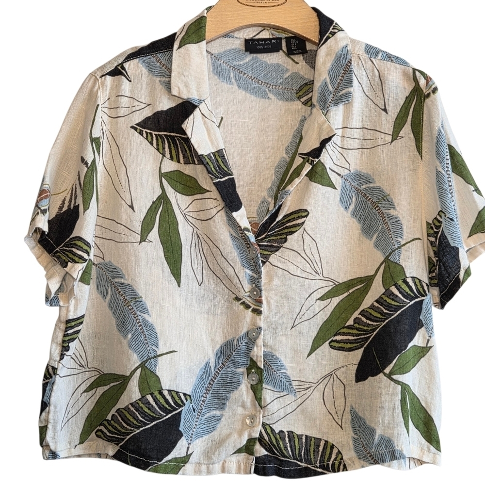 Tahari Linen Tropical Leaf Print Boxy Button Up Shirt Sz L Vacation Resort